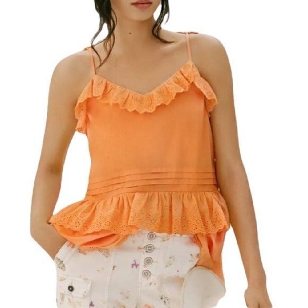 ANTHROPOLOGIE X MARE MARE Josephine Eyelet Ruffle Top In Orange Size S $148 NEW